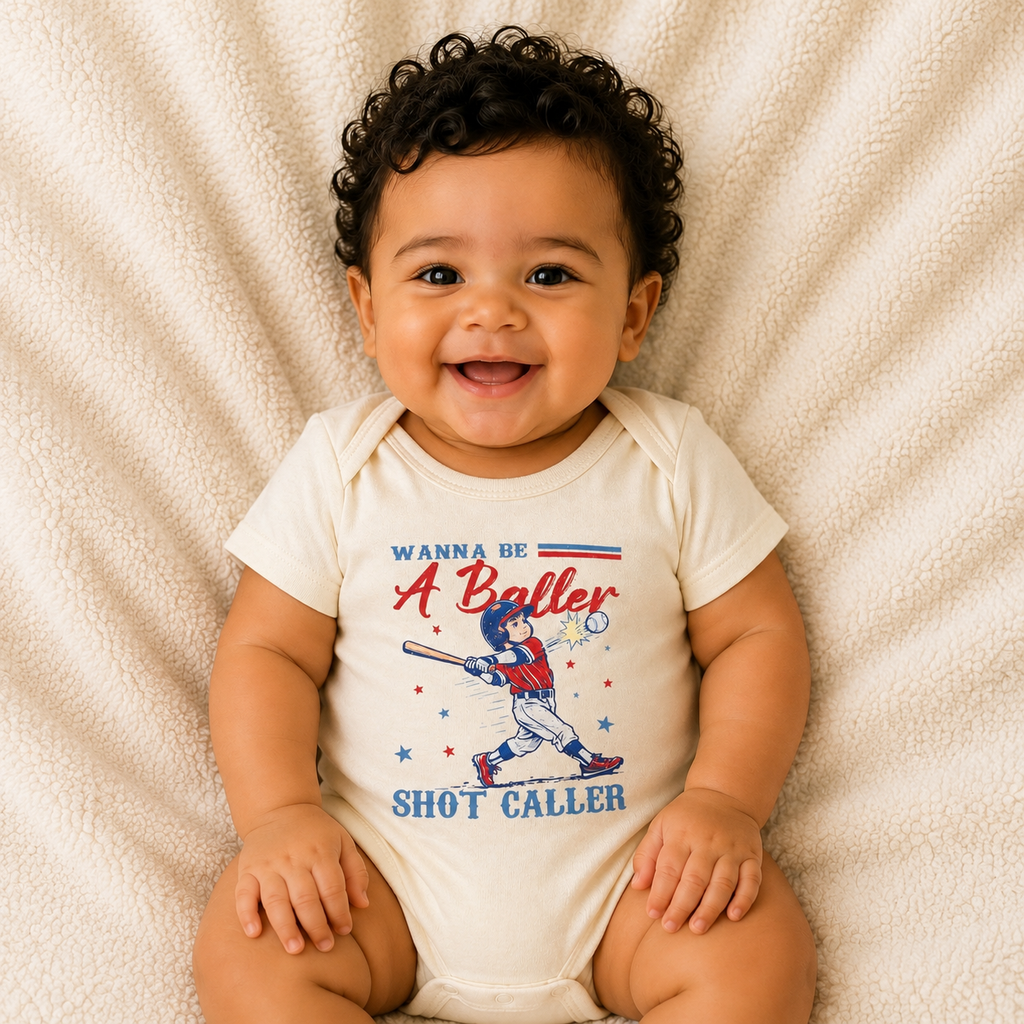 Wanna Be a Baller Shot Caller Baby Onesie by Lucy Lou & Emma Sue